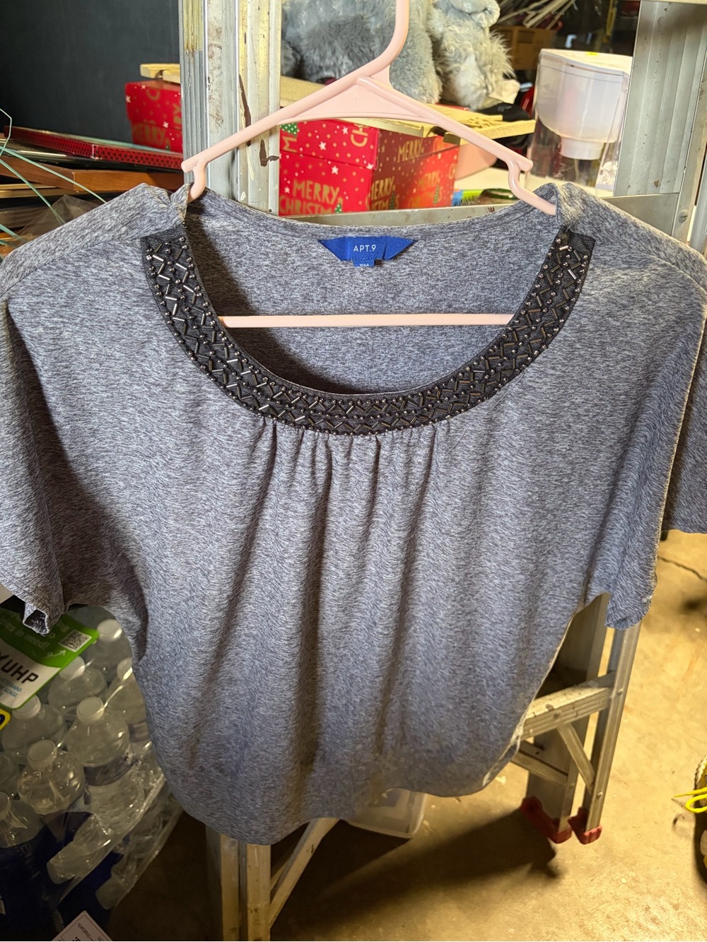 Apt. 9 Gray Short-Sleeve Top with Beaded Scoop Neck